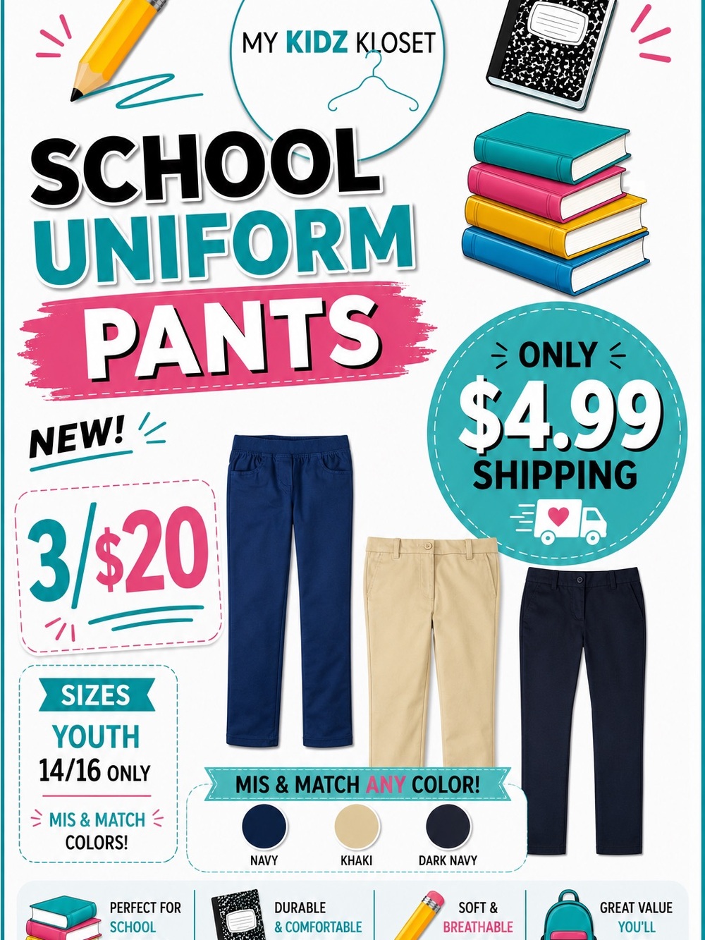 Wonder Nation Navy, Khaki, Dark Navy School Pants